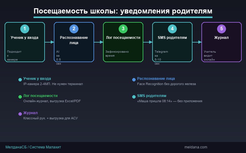 Схема работы системы посещаемости школы с уведомлениями родителям